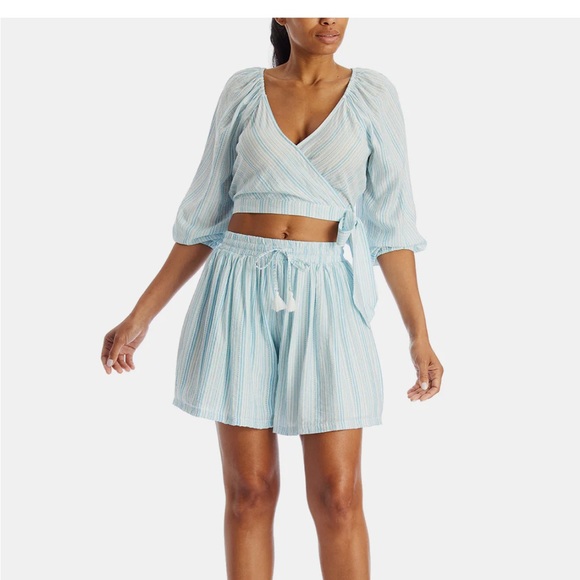 BCBGENERATION Blue and White Striped Tie Side Faux Wrap Crop Top Size XS - Picture 11 of 11